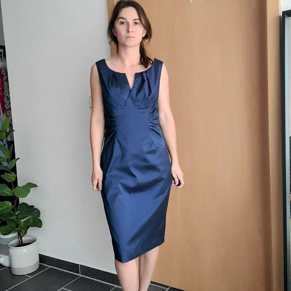 Adrianna Papell Taffeta Metallic Navy Blue Sleeveless Knee Length Evening Dress - Picture 9 of 13